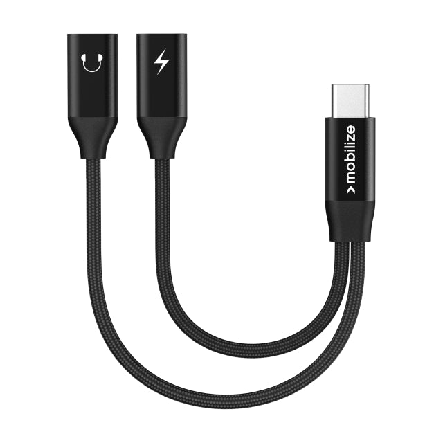 Mobilize Strong Nylon USB-C Splitter for Audio and Charging 15cm Black