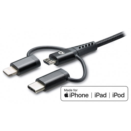 Mobilize Strong Nylon Cable 3in1 USB to Micro USB, USB-C, Apple MFi Lightning 1.5m Black