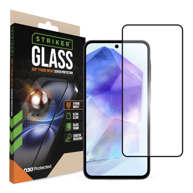 Striker D3O Xtreme Impact Glass Screen Protector - Black Frame - Samsung Galaxy A35 5G/A36 5G/A55 5G/A56 5G/S24 FE 5G
