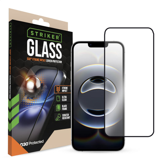 Striker D3O Xtreme Impact Glass Screen Protector - Black Frame - Apple iPhone 13/13 Pro/14/16e