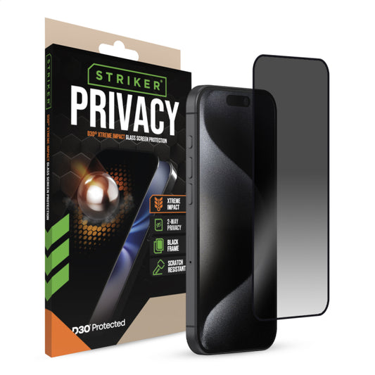 Striker D3O Xtreme Impact Privacy Glass Screen Protector - Black Frame - Apple iPhone 15 Pro