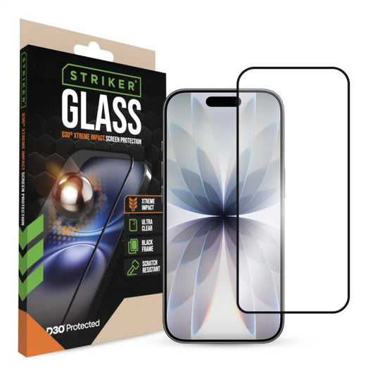 Striker D3O Xtreme Impact Glass Screen Protector - Black Frame - Apple iPhone 16 Pro/17/17 Pro